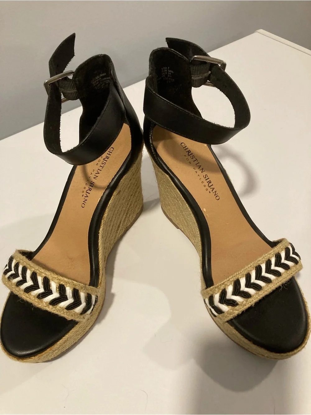 Christian Siriano Black and Natural Braided Espadrille Wedge Sandals